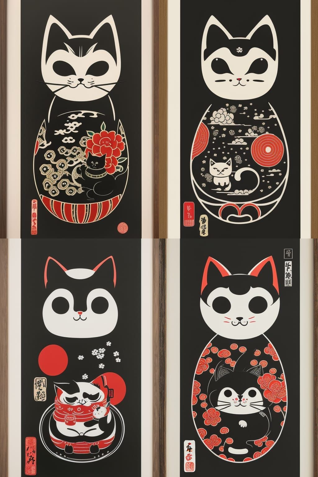 Lucky Cat in Japanese Block Print Style