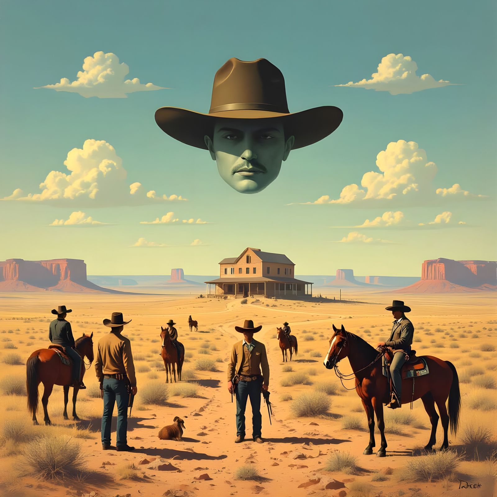 Surreal Western Scene: Cowboys, Sheriff, Horses, and Ranch i...