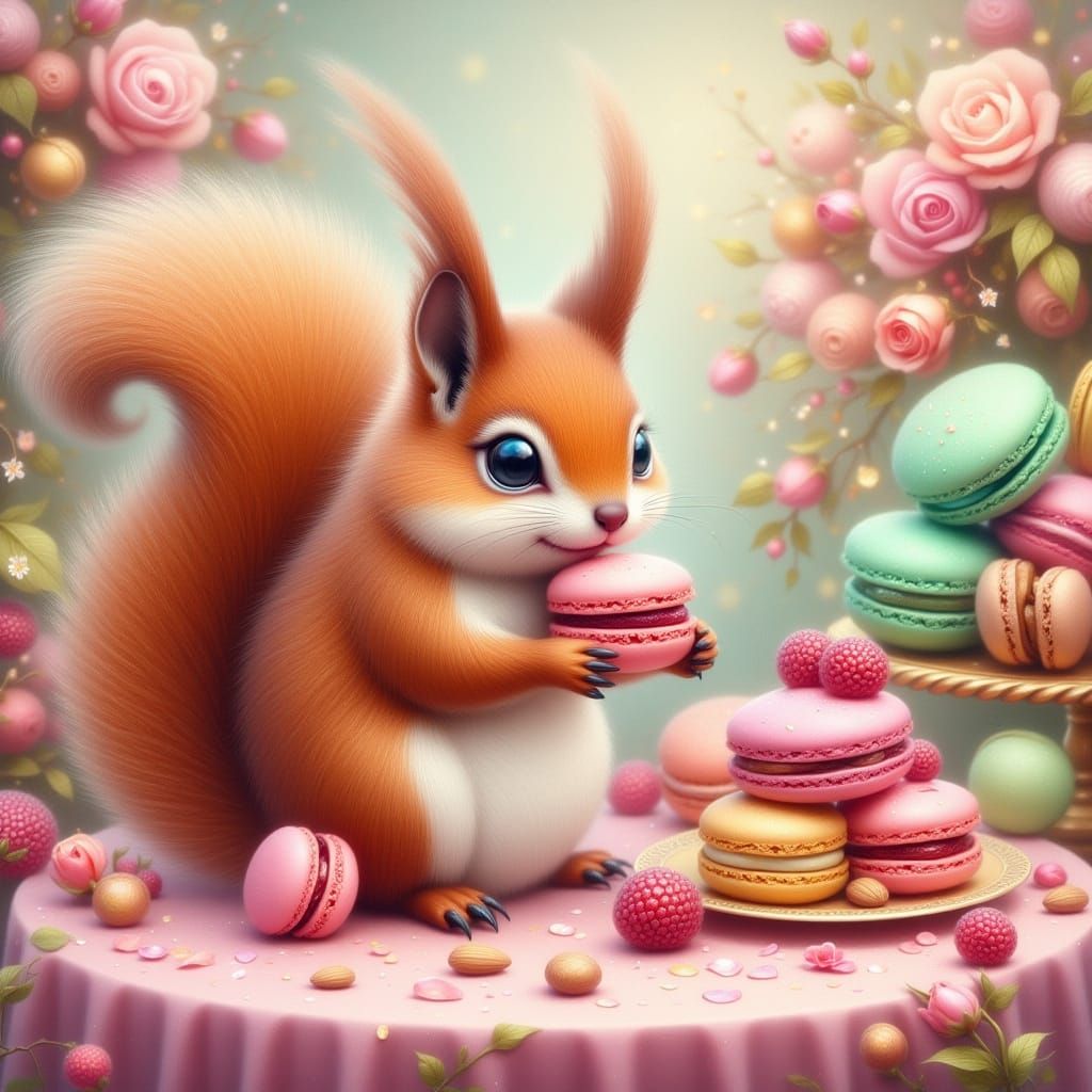 Squirrel at Patisserie: A Whimsical Fantasy in Oil Paint