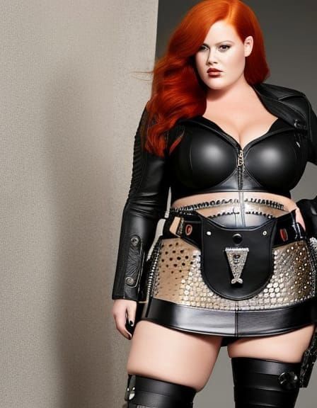 Plus-Size Redhead in Black Leather Mini-Skirt