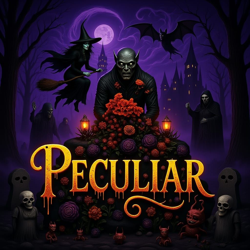 Change text "Uncanny" to "Peculiar" , in a thick, fancy, orn...