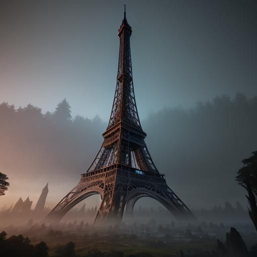 Eiffel Tower Ruin: Surreal Fantasy Concept Art