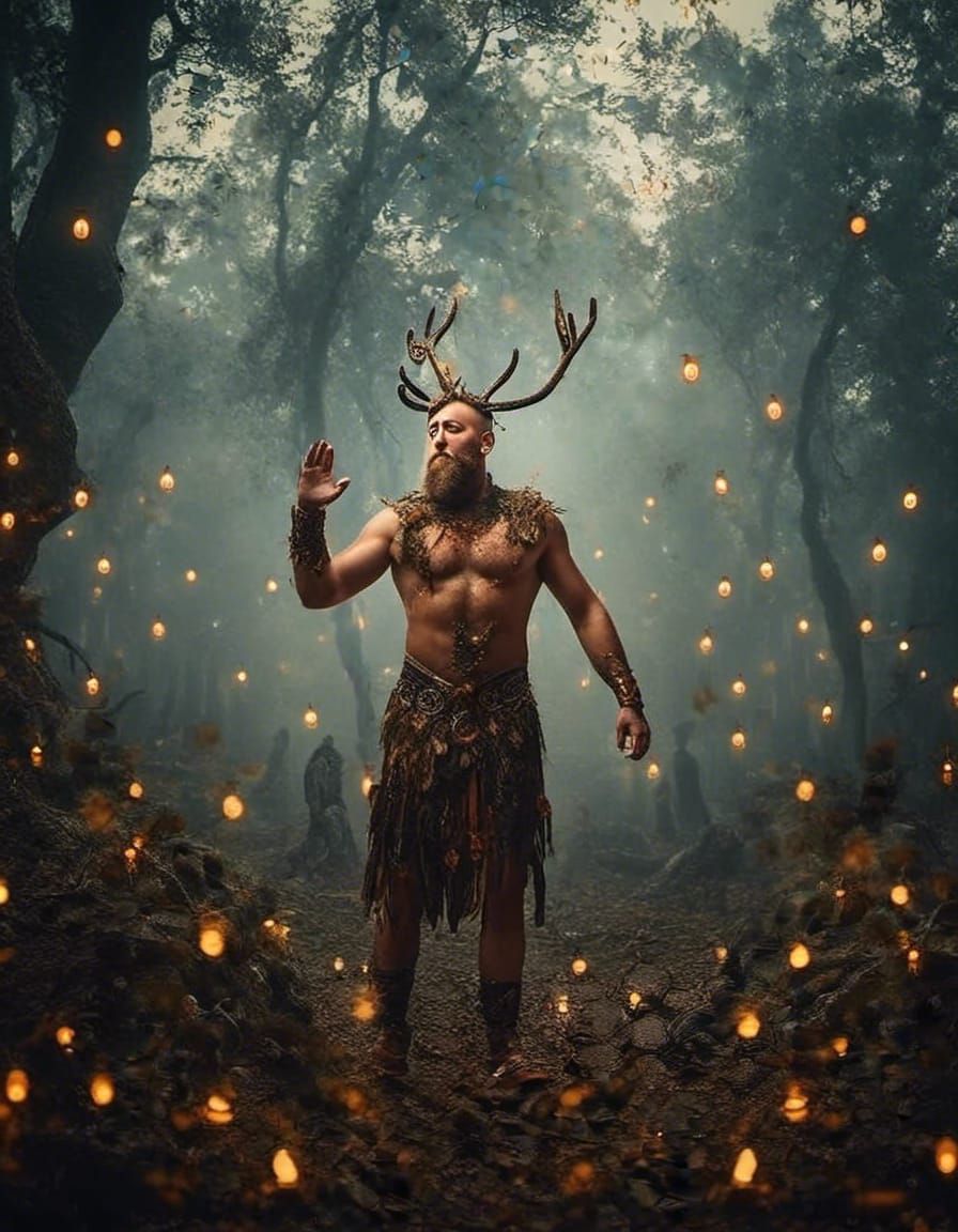 <lora:Jef:1.0> is the horned god, Cernunnos, emerging for an...