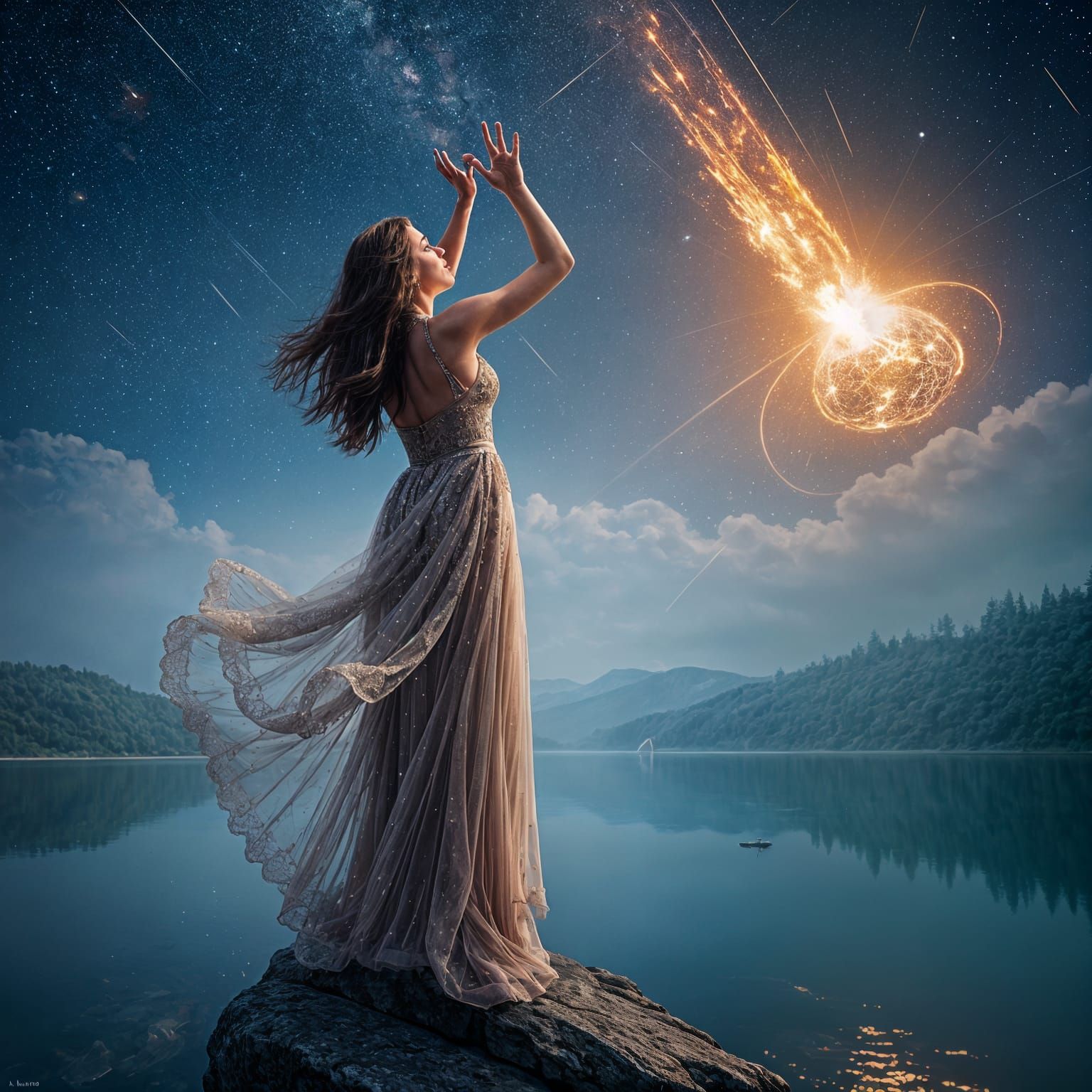 Hyperrealistic Woman Amidst Meteor Shower and Fireflies