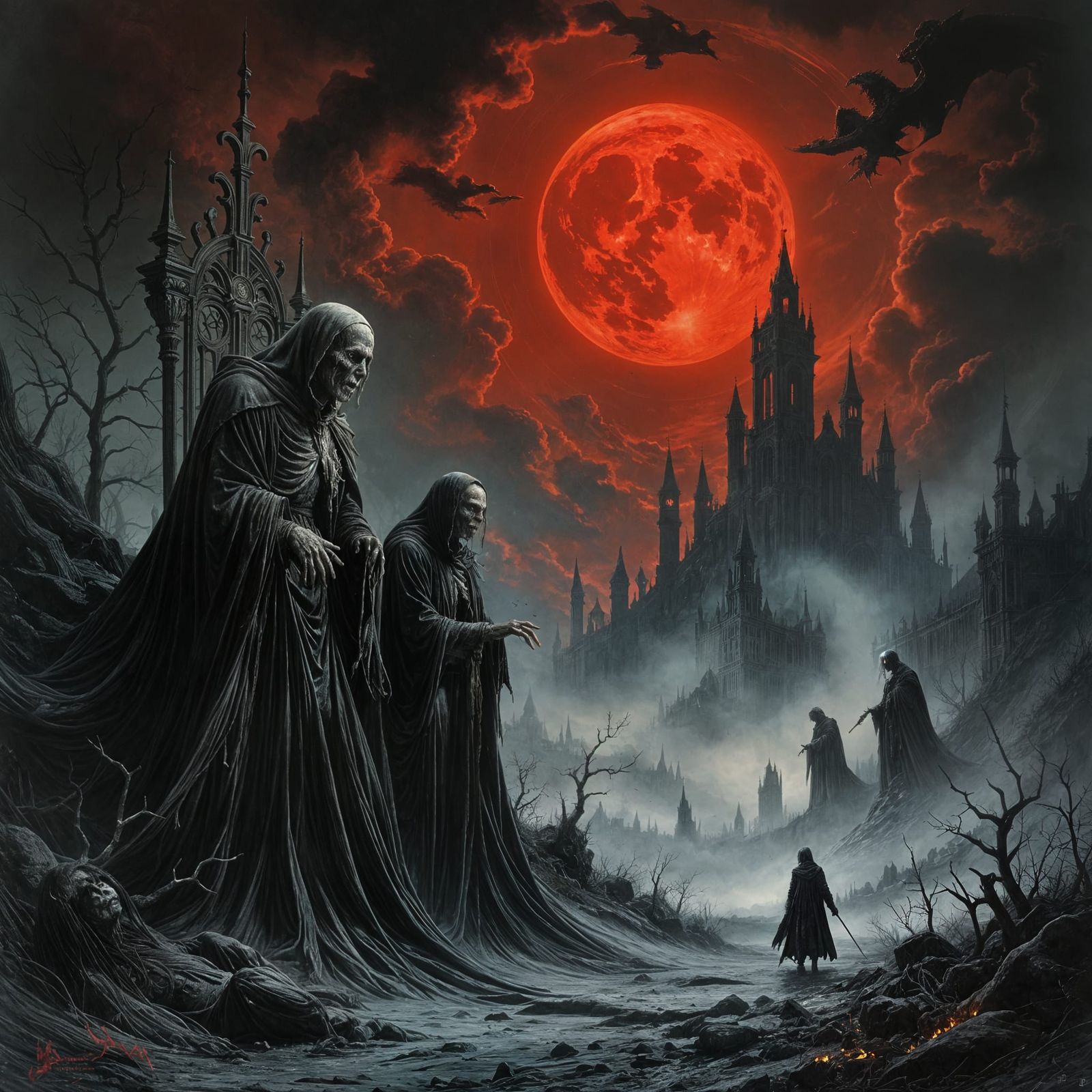 Dark Horror Scene in Gustave Doré Style