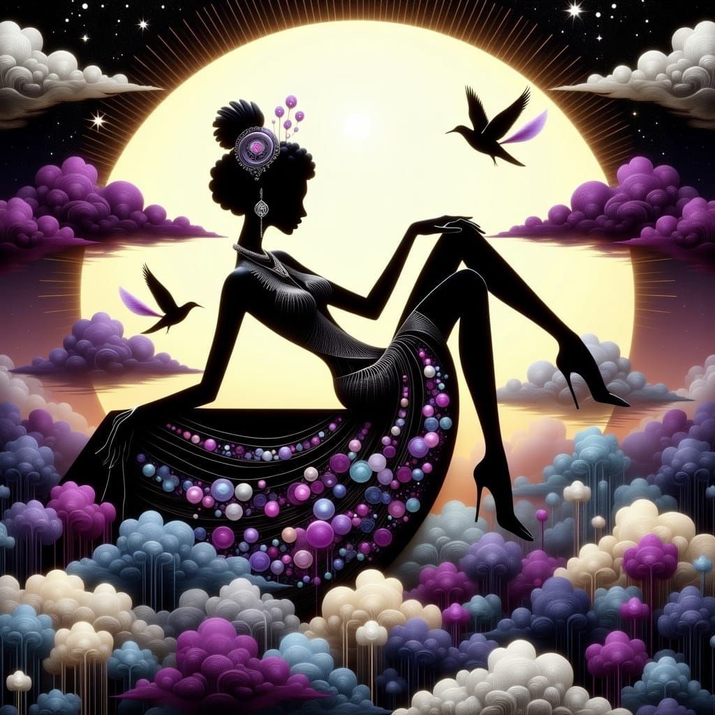 Elegant Art Deco Cut-Paper Scene with Celestial Woman