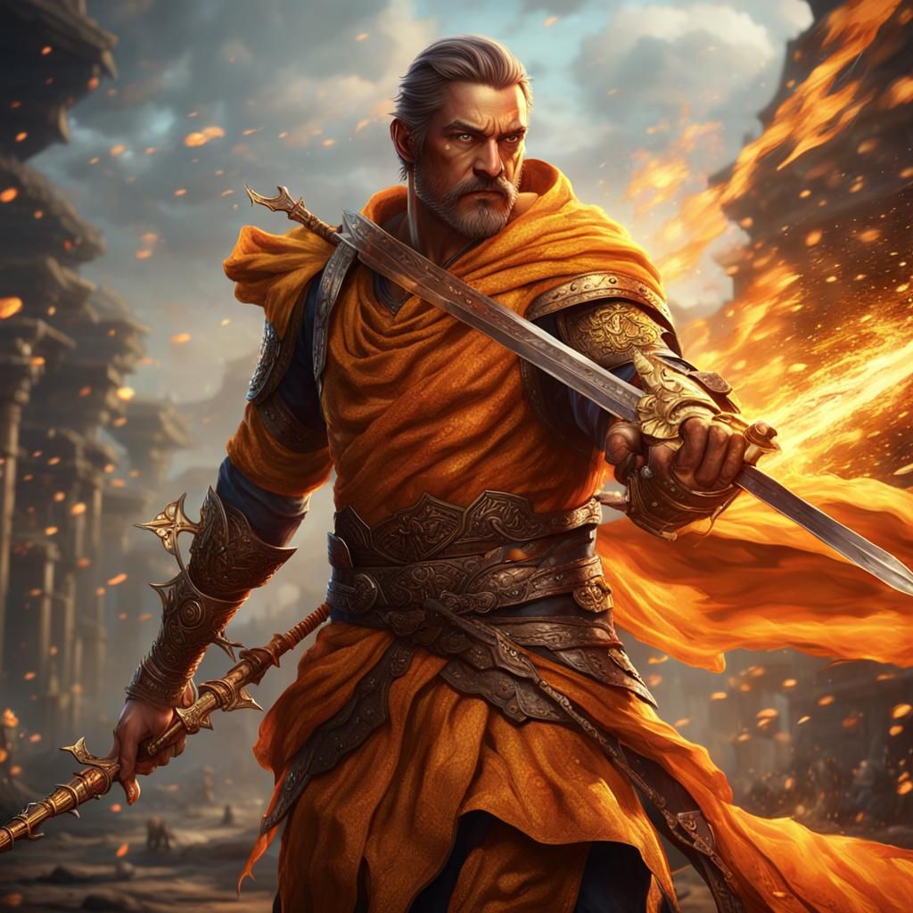 Radiant Man with Bow and Flaming Sword