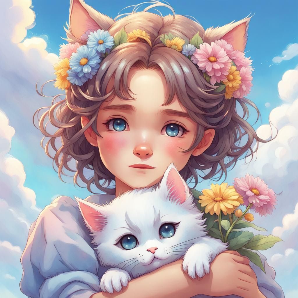 Anime Girl Hugging Chibi Kitty in Watercolor Style