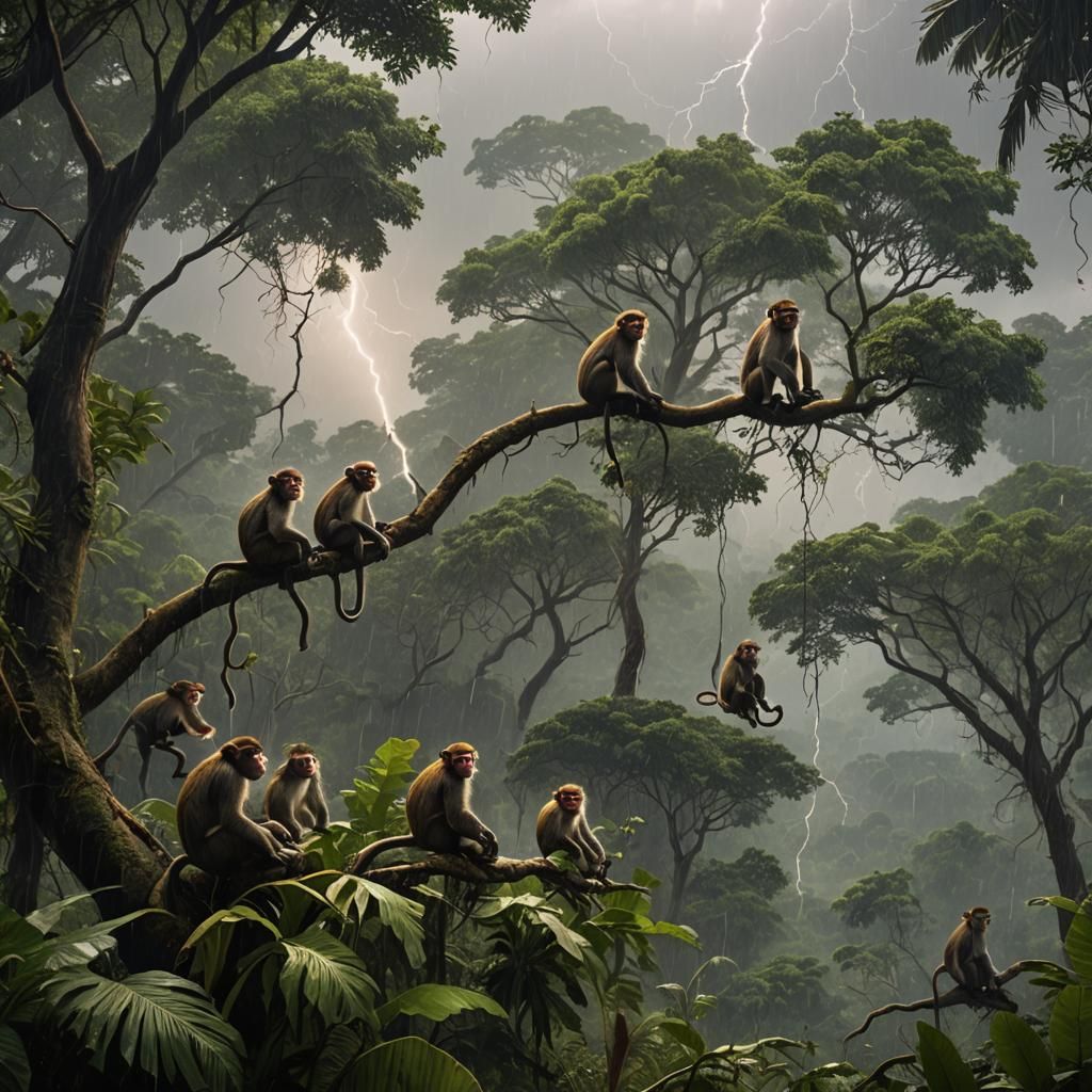 Monkeys in Jungle Storm: A Matte Painting