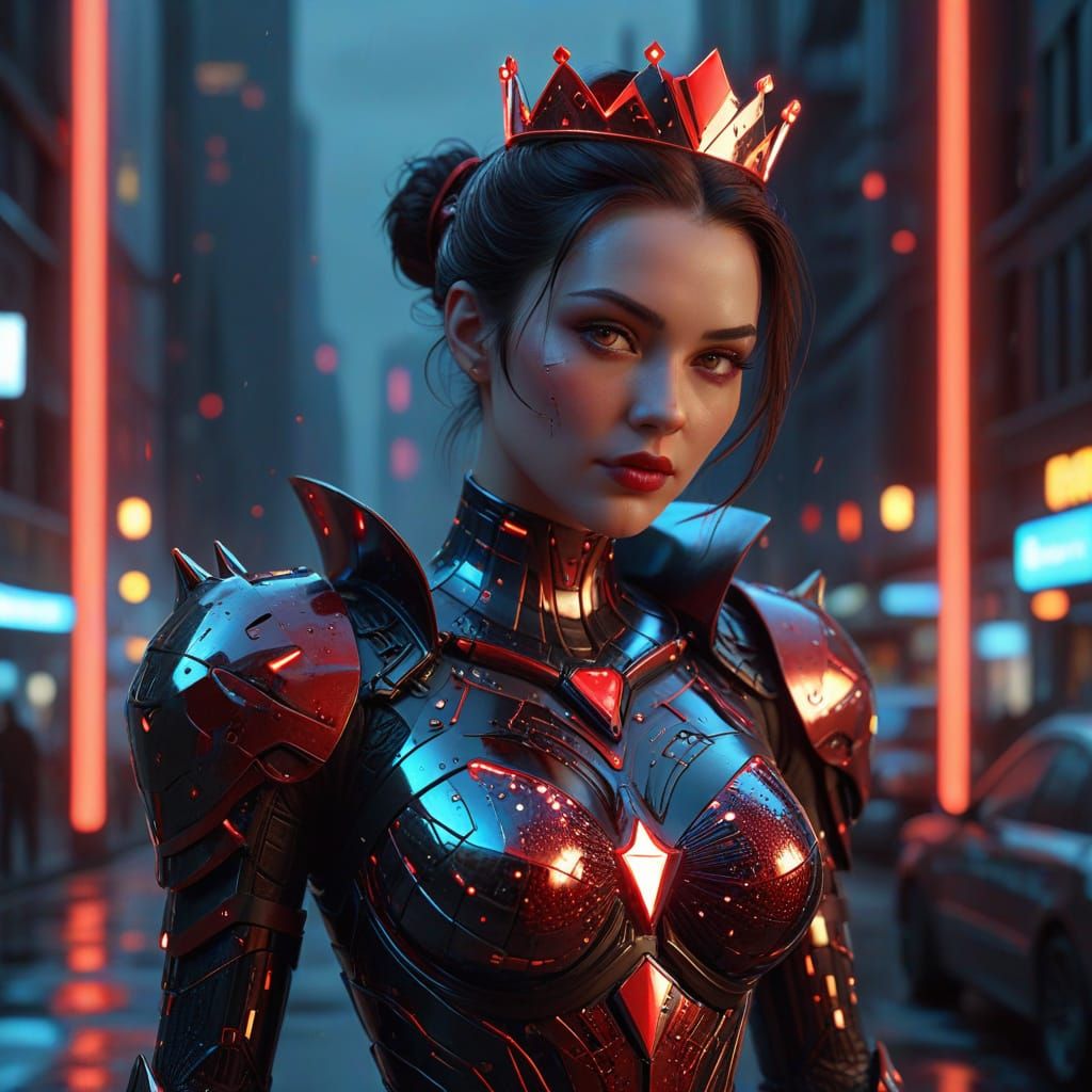 Futuristic Queen of Hearts Emerges from Holographic Card