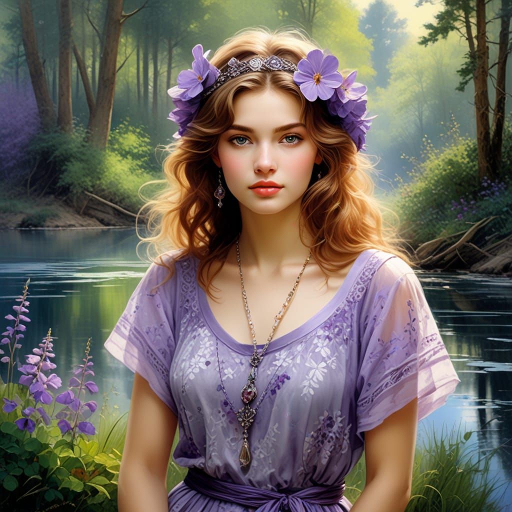 A Delicate Maiden in a Forest of Violet Blooms, Summer Seren...