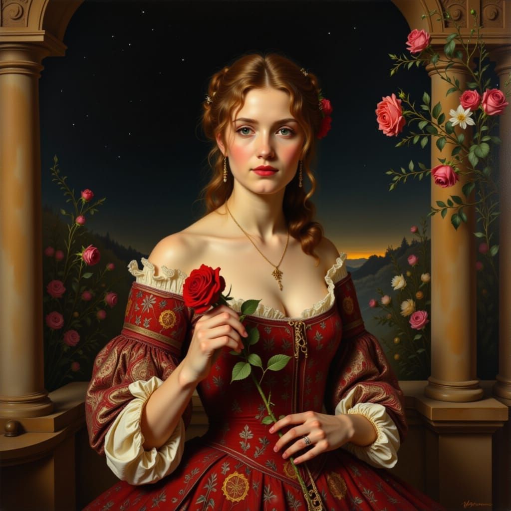 Juliet Holding a Red Rose on Renaissance Balcony