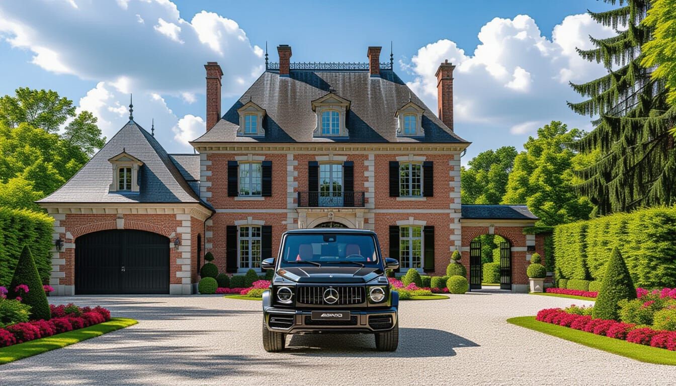 Elegant Chateau with Luxury Car Amidst Monet-Inspired Garden