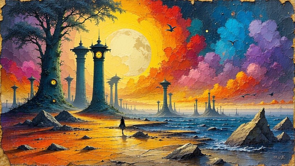 Surreal Dreamscapes with Melting Clock Towers in Vibrant Bru...