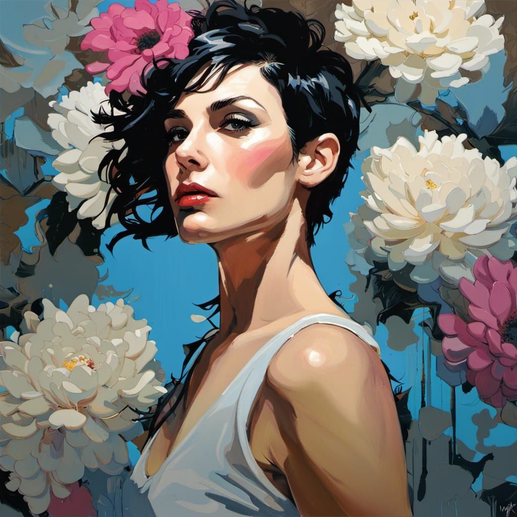 Punk Woman Surrounded by Flowers, Oil Painting Style