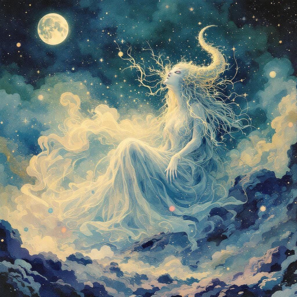 Mystic Moonscape Deity with Expressive Brushstrokes