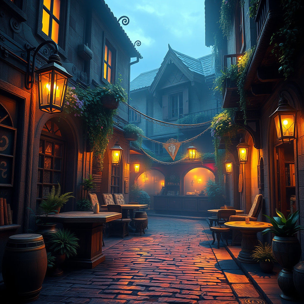 Enchanted Cafe on Cobblestone Old Street in Dreamlike Settin...