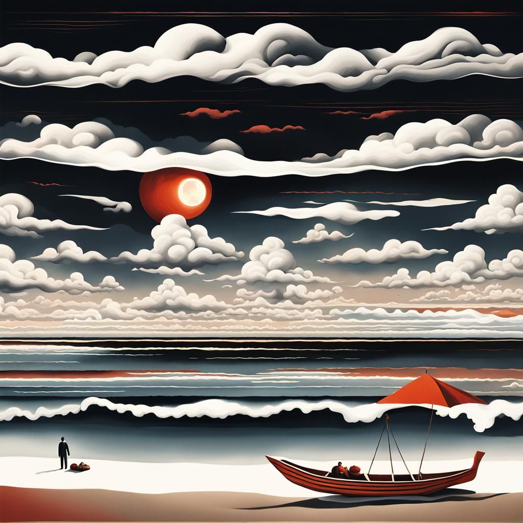 Surreal Beach Sunset with Atomic Cloud