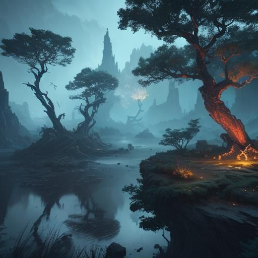 Mystical Riverside Tree in Fantasy Art Style