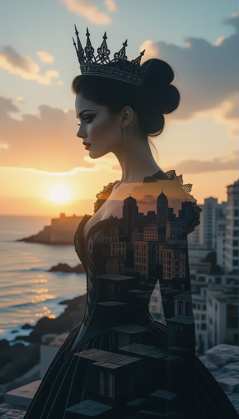 Menacing Queen Double Exposure in Crumbling Metropolis