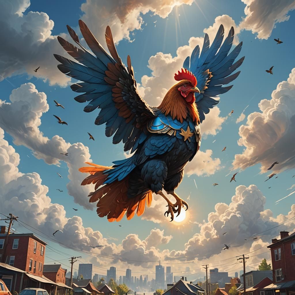 Flying Chicken Superhero in Hyperrealistic Style