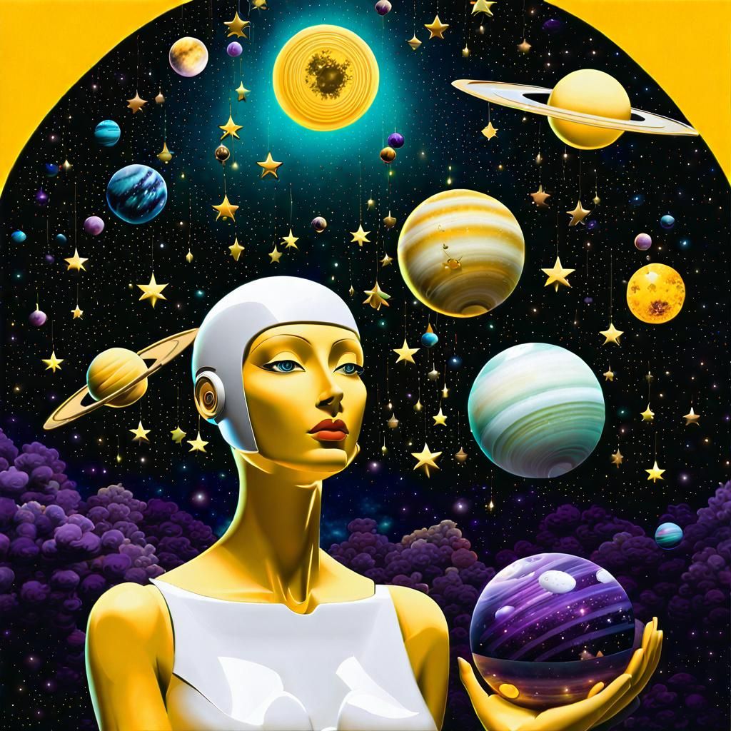 Surreal Robot Portrait in Viridian and Amethyst