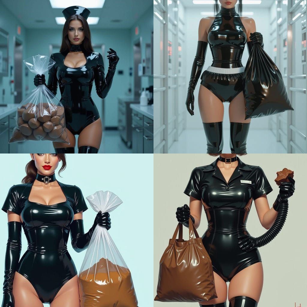 Nurse in Latex Uniform with Diaper and Poop Bag
