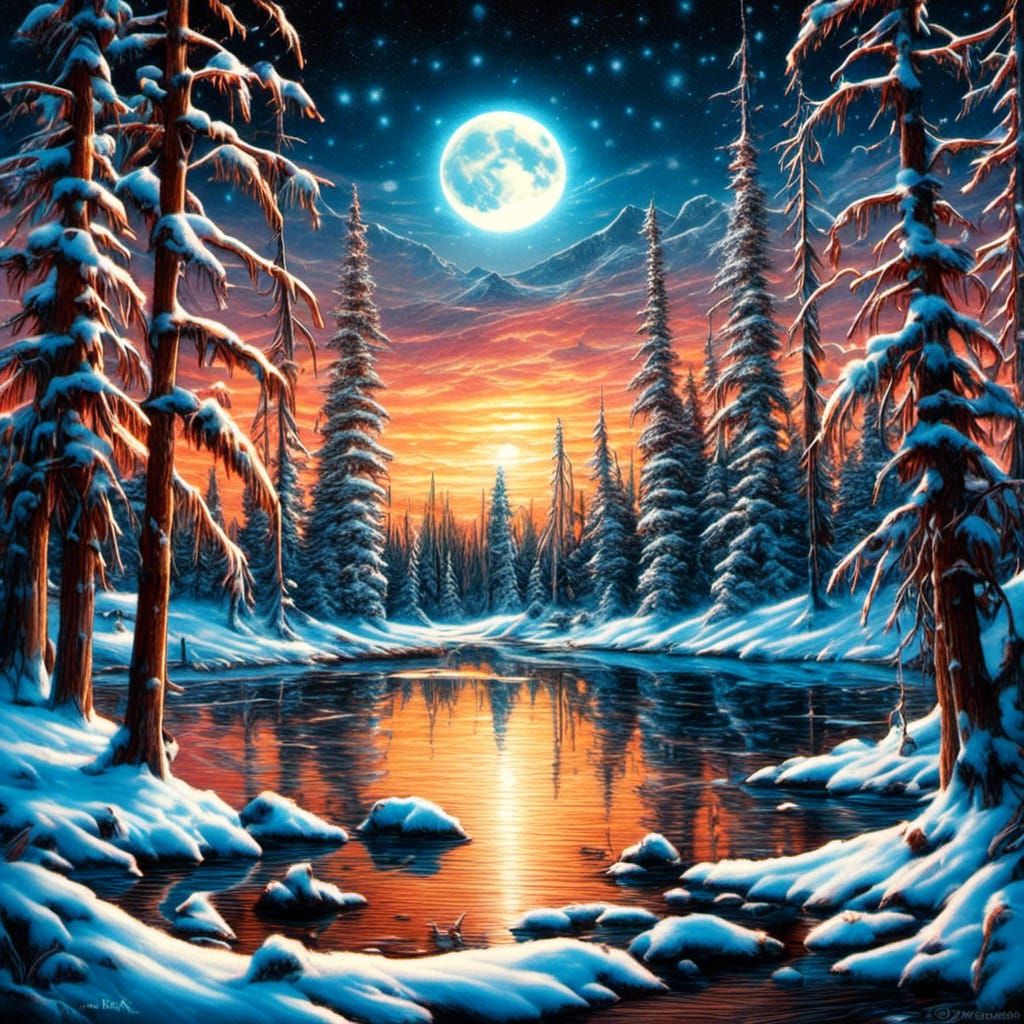 Winter Lake Bonfire with Snowmen in Colored Pencil