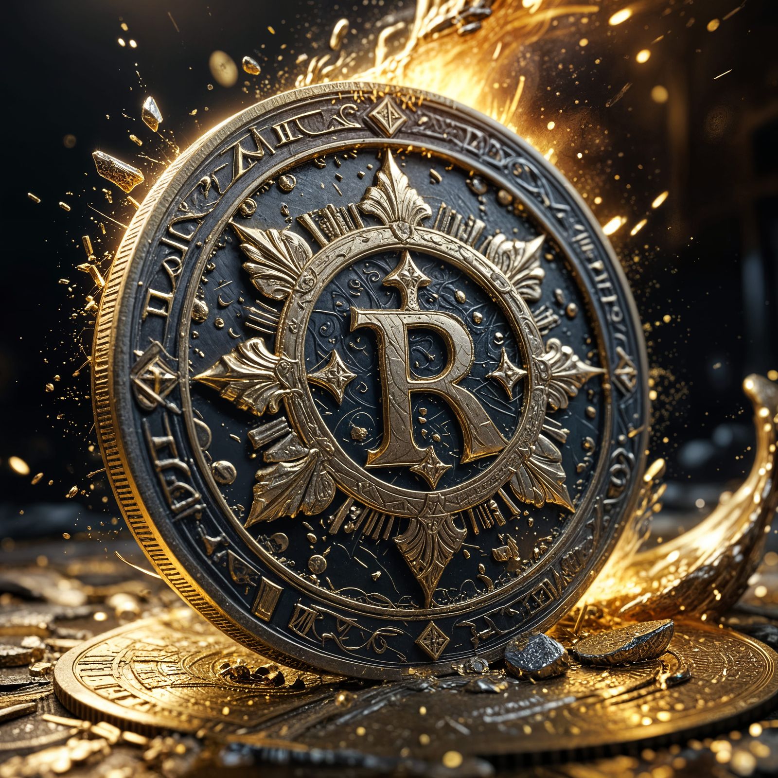 Giant Ornate Gold Coin Explodes in High Detail
