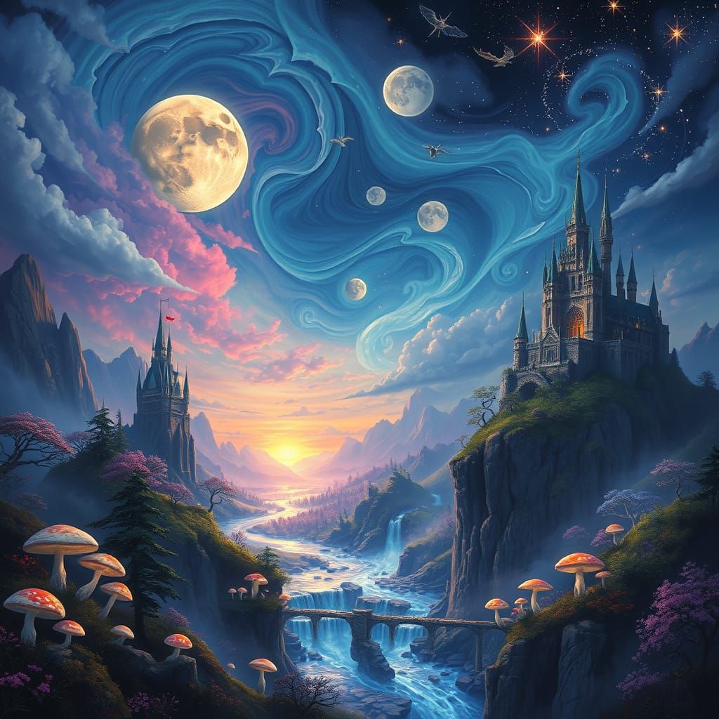 Twilight Fantasy World with Crystal Islands, Surrealist Styl...