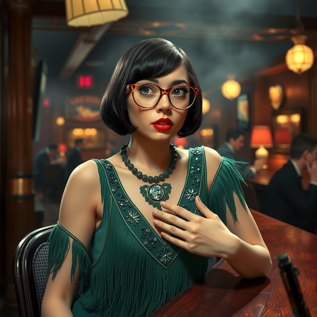 Vintage Flapper Girl in Emerald Green Beaded Dress at a 1920...