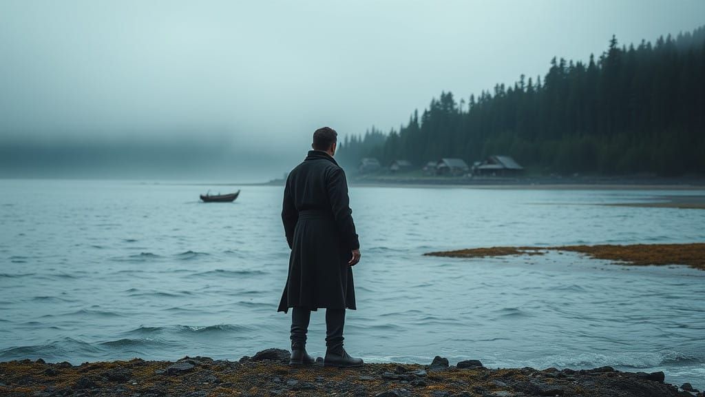 Cinematic Bronze Horseman on Desolate Shore