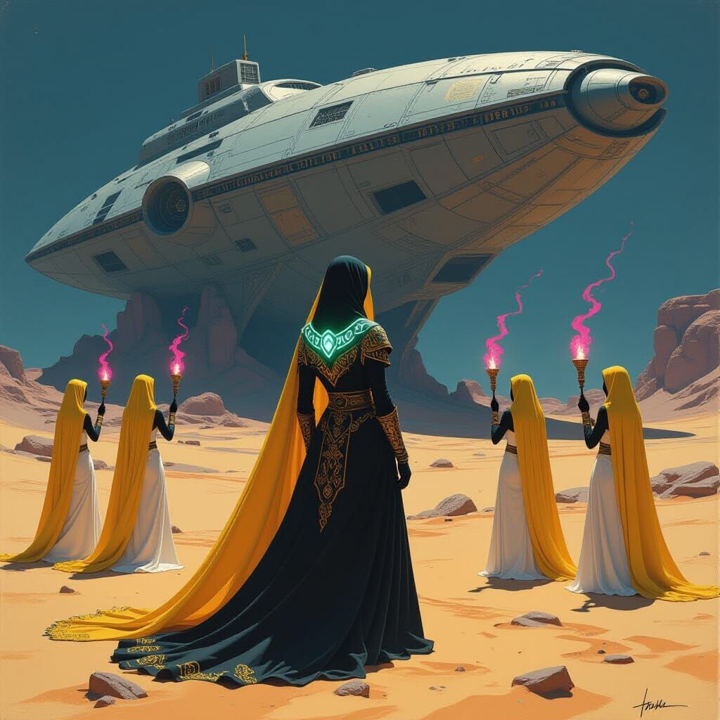 Priestess and Spaceship in Alien Desert