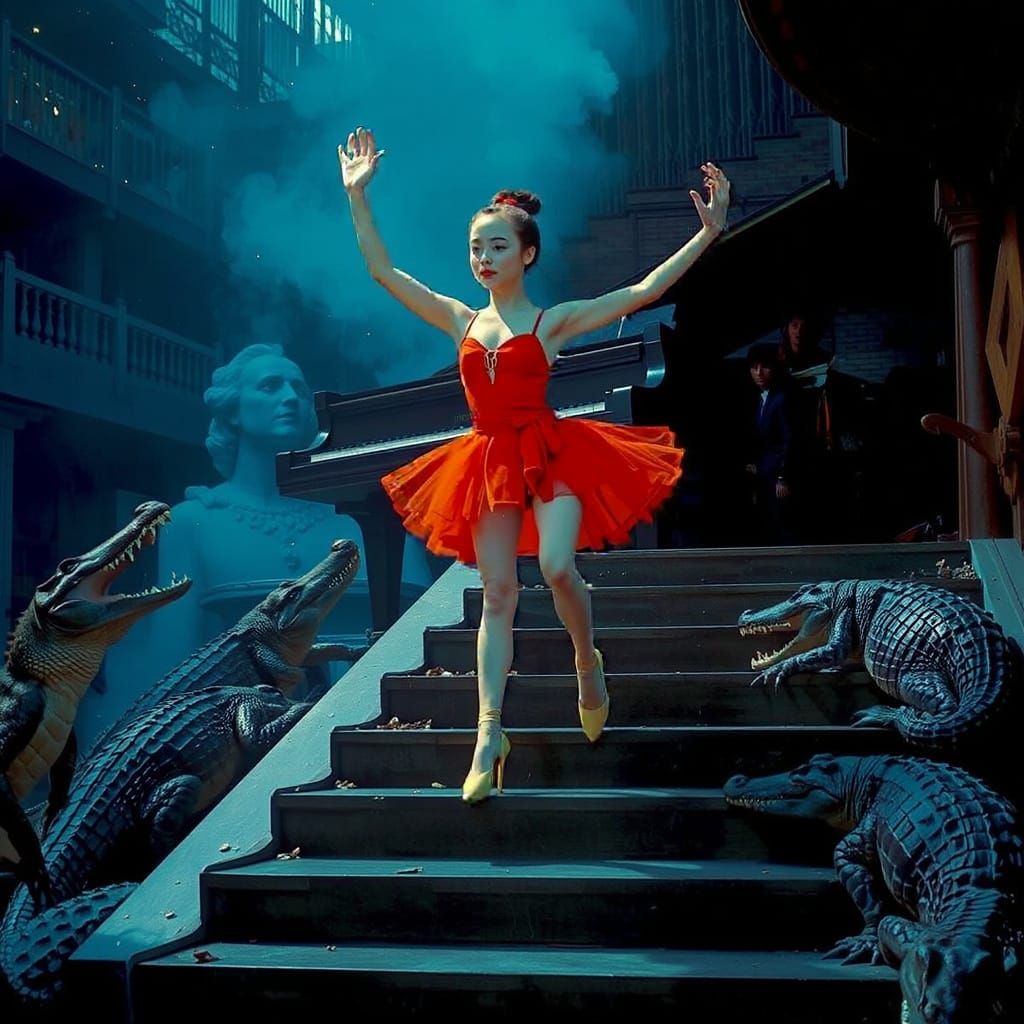 Ballerina's Hyperrealistic Dance with Crocodiles