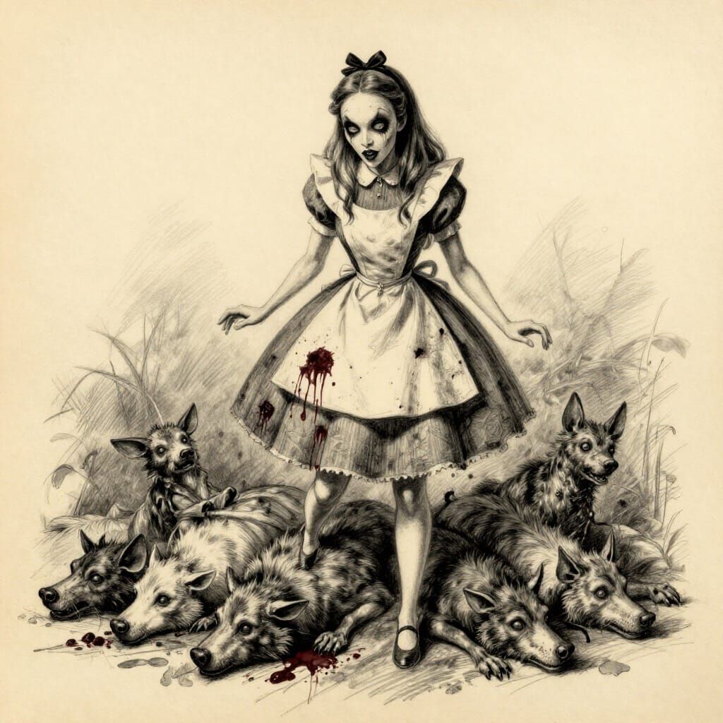 Evil Alice Over Dead Animals, Hand Drawn Sketch Style