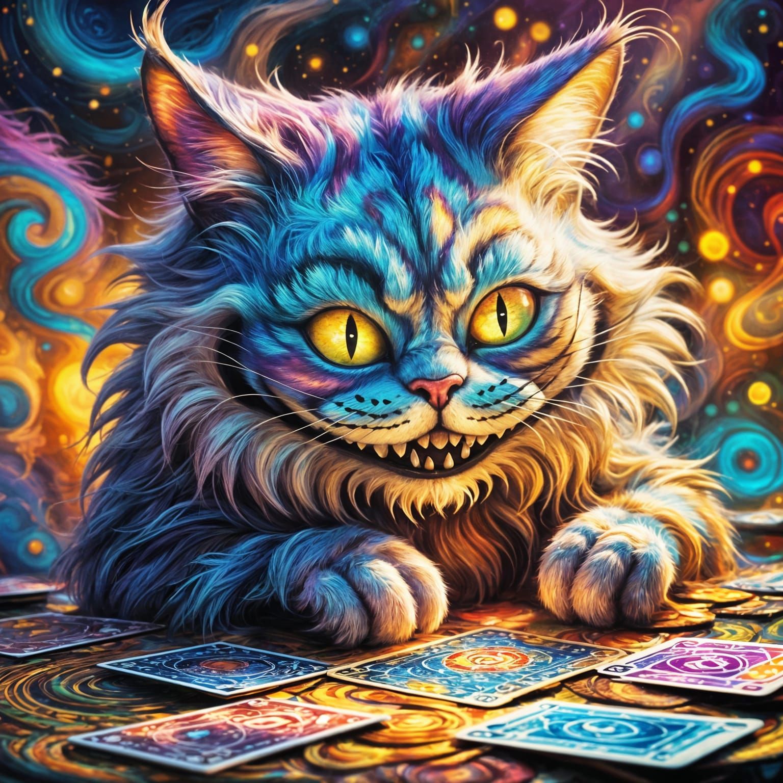 Psychedelic Cheshire Cat Shuffling Cards