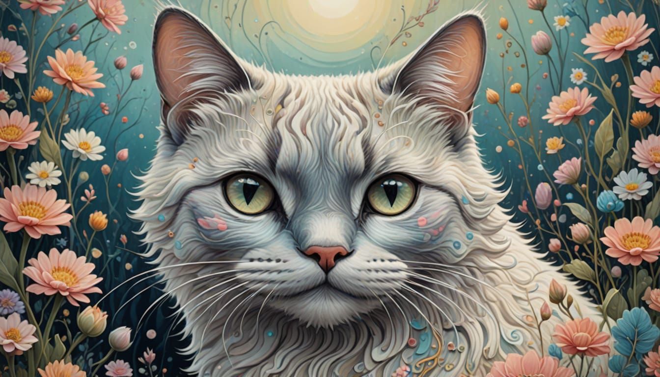 Dreamlike Cat in Whimsical, Abstract Landscape