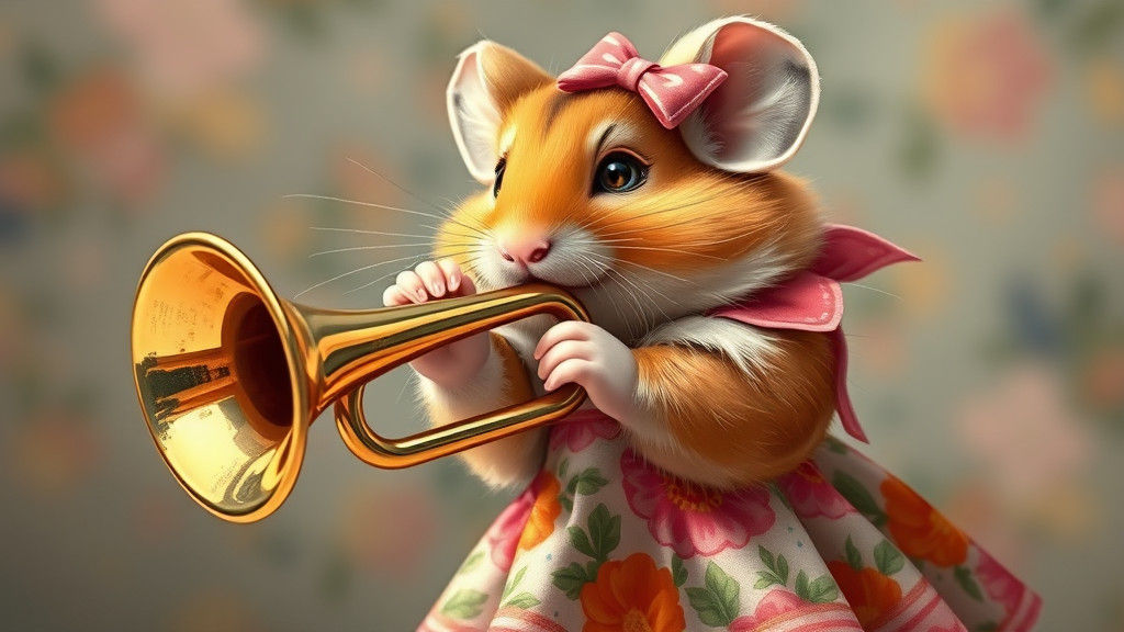 Hamster Trumpeter in Floral Dress, Impasto Cartoon Style