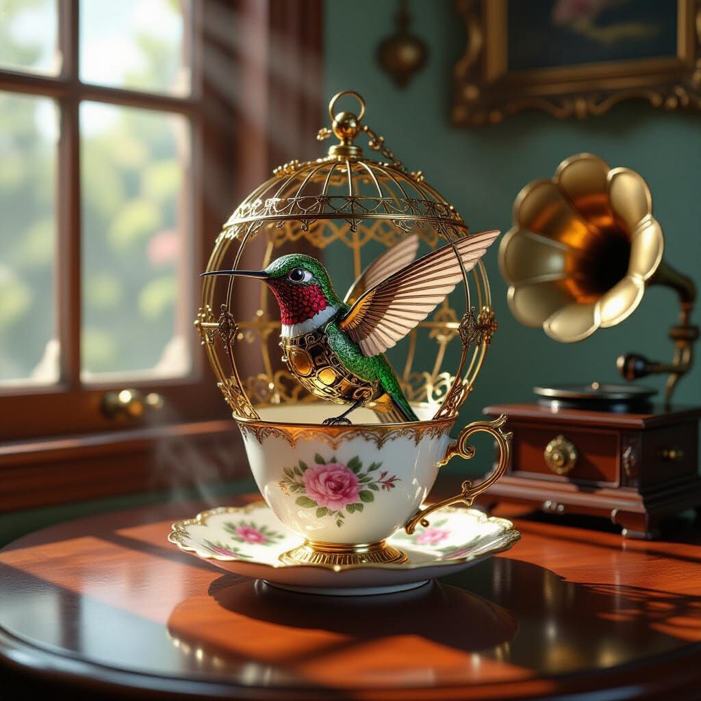 Steampunk Teacup Birdcage With Clockwork Hummingbird