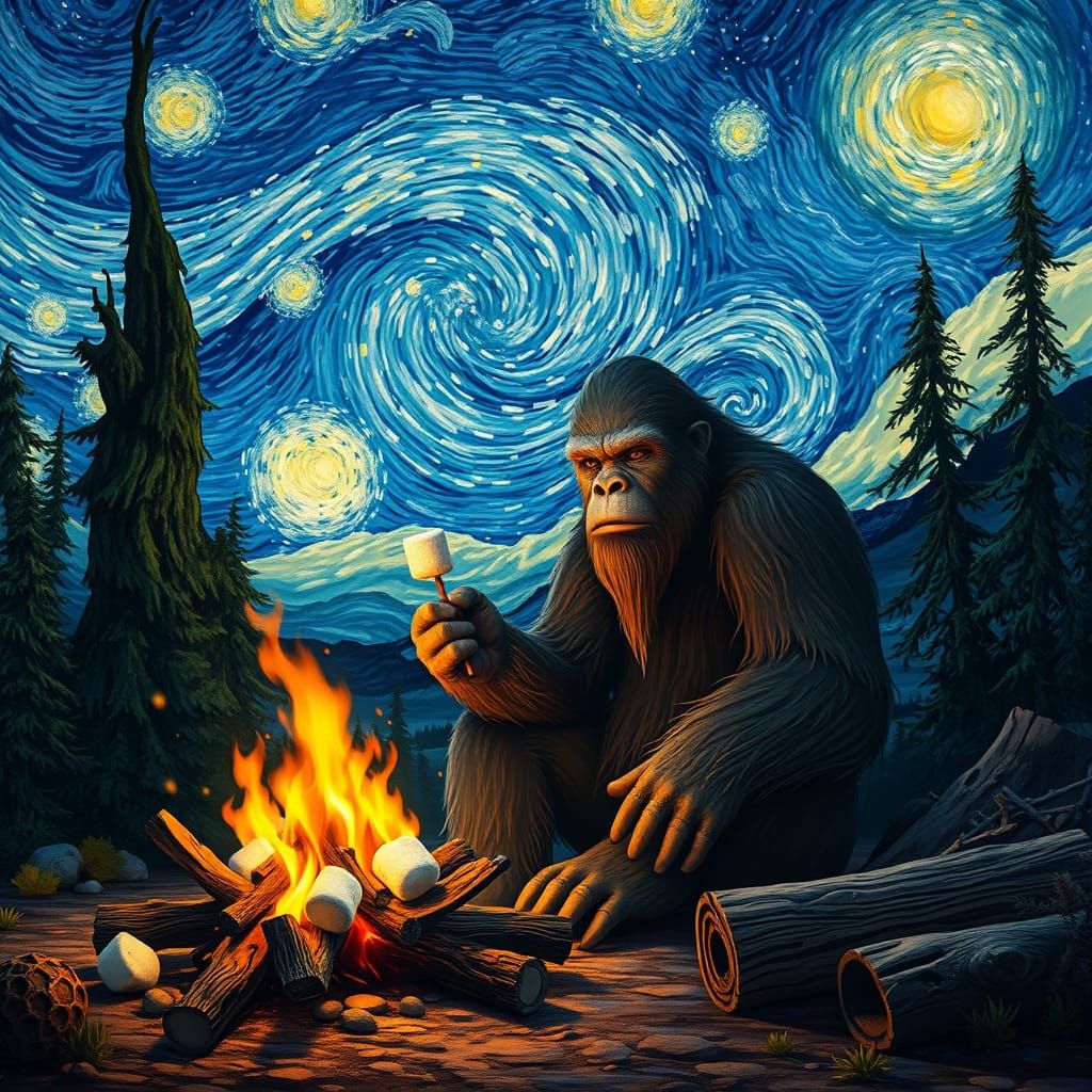 Surreal Fantasy Scene with Bigfoot Roasting Marshmallows Und...