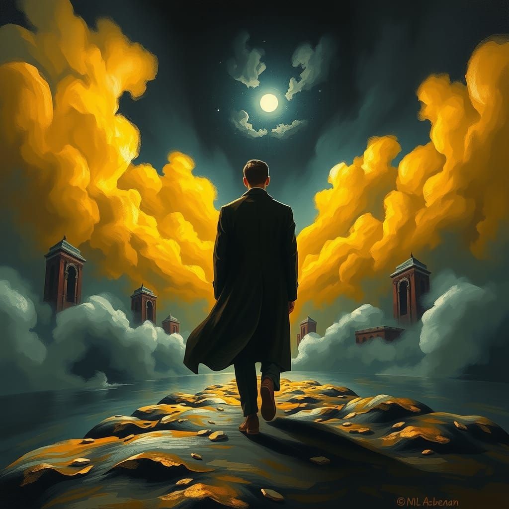Surreal Figure in Storm with Golden Light