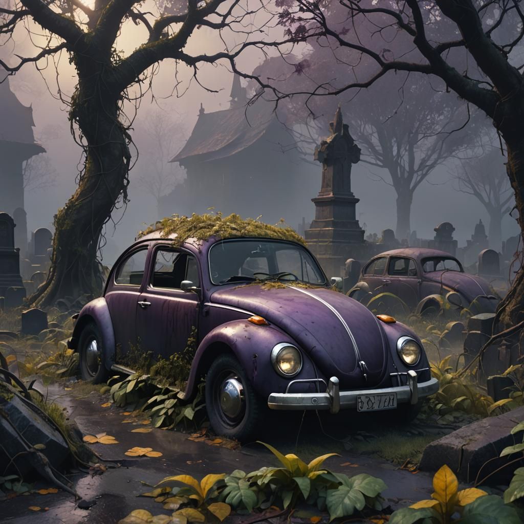 Creepy Beetle in Misty Graveyard: Dark Fantasy Art