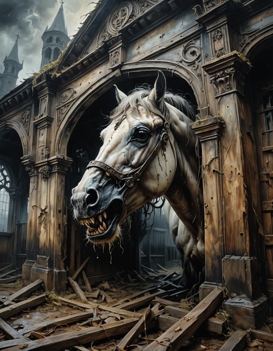 Ghostly Horse Jaws in Victorian Gothic Oil Painting