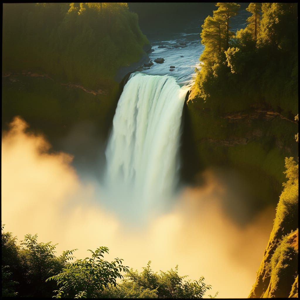 Cinematic Waterfall Scene in Golden Light