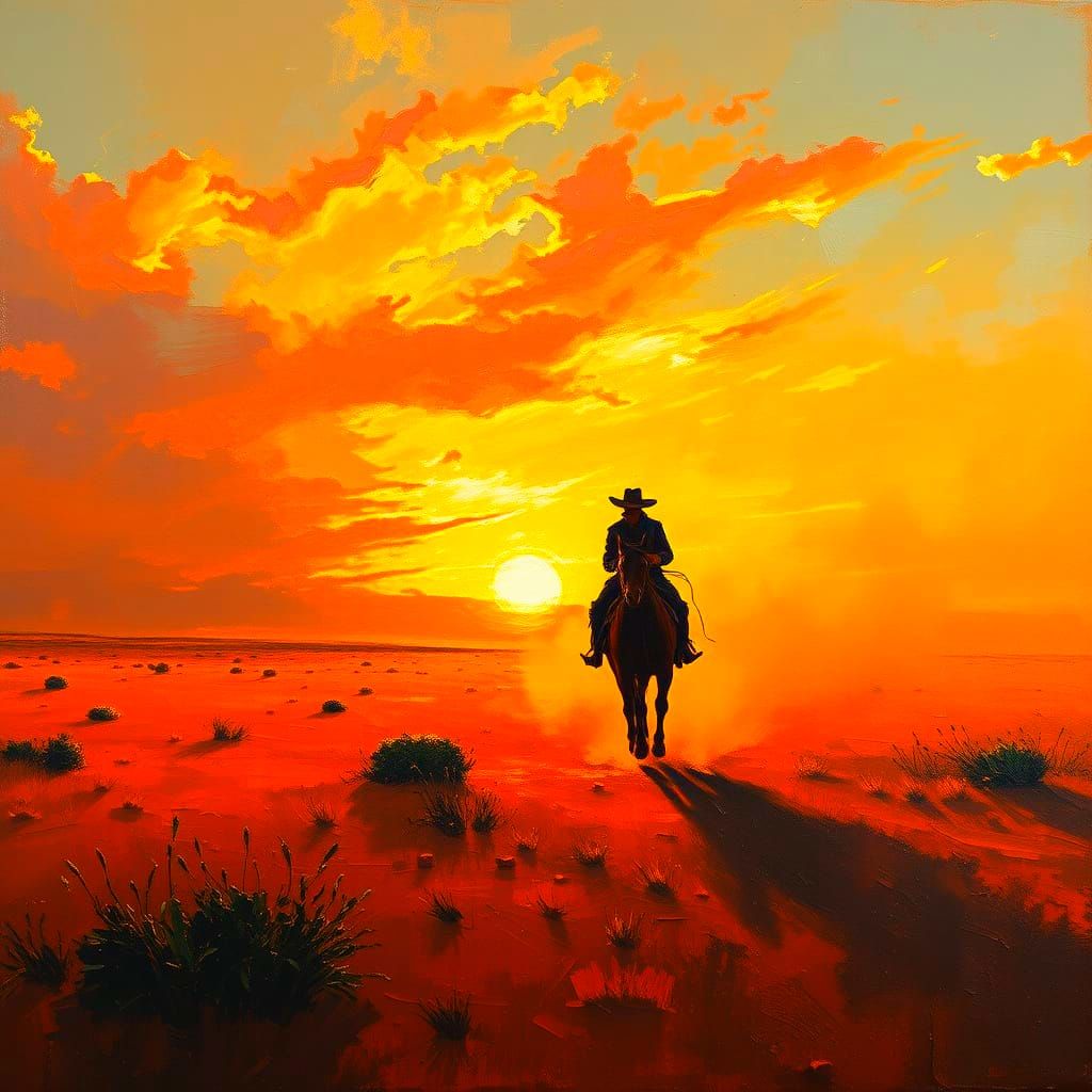 Lone Cowboy Sunset in Painterly Realism Style
