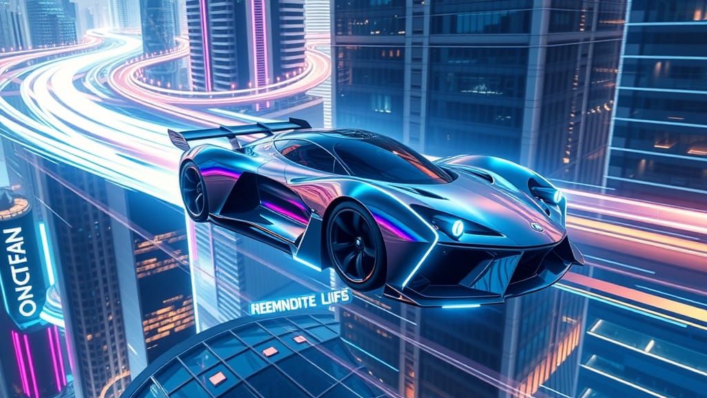 Electric Blue Supercar in Futuristic Cityscape