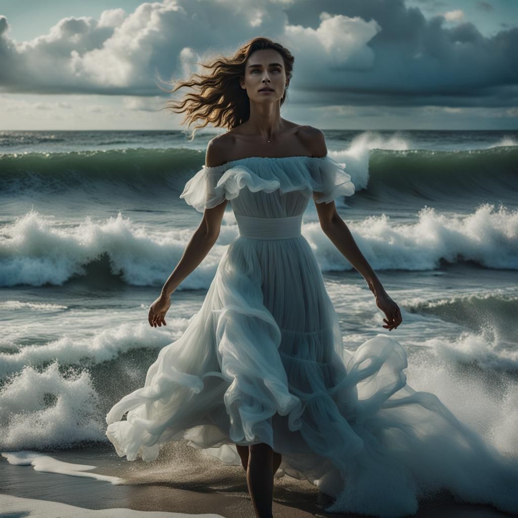 Girl in Cloud Dress on Waves, Realistic 8K
