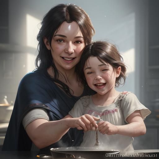 Heartwarming Mother and Child Portrait in Hyperdetailed Styl...