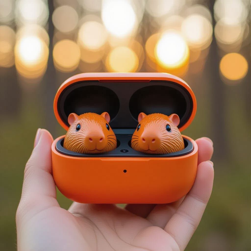 Capybara Earbuds: Surreal Animal Design in Warm Light