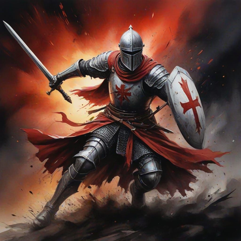 Templar Knight Charges: Expressionist Watercolor Battle Scen...